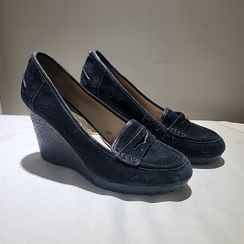 Michael Kors Rory Chunky Suede Leather Heels Size 8.5 Elegant Black Wedges